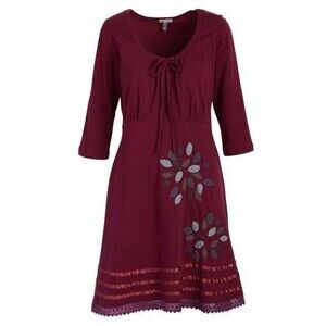 Burgundy Boho Peasant Dress Handmade Nepal Cotton Embroidered Knee Length Small